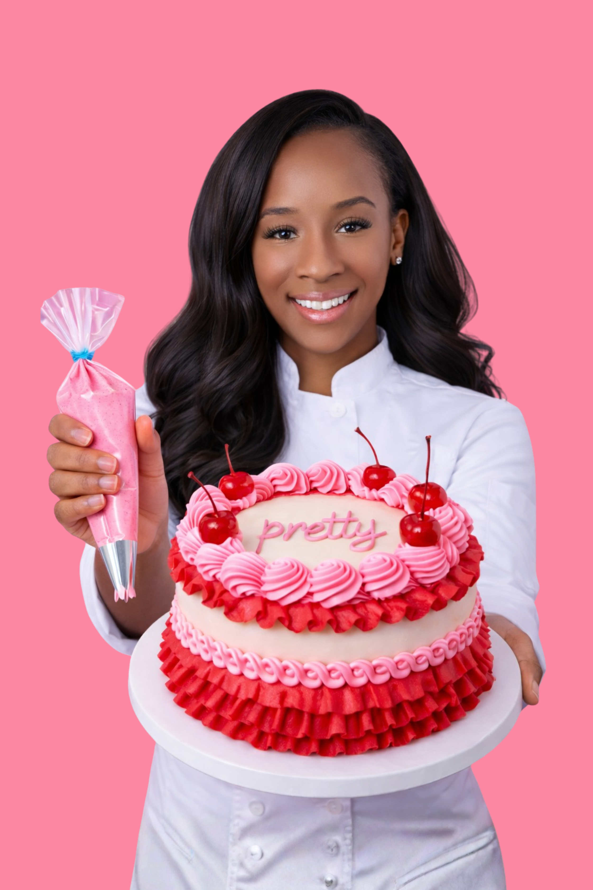 A woman holding a pink decorated birthday cake with cherries and the word "pretty" on it, and a pink party horn, against a pink background.