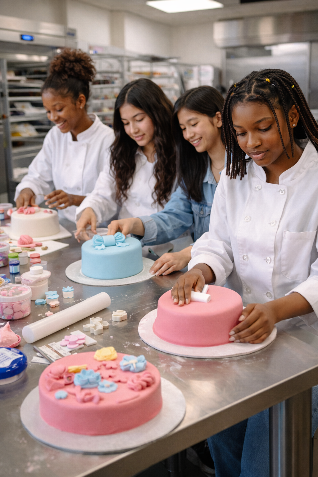 Four young girls in a bakery or cake decorating class decorating colorful fondant cakes with bows and flowers.