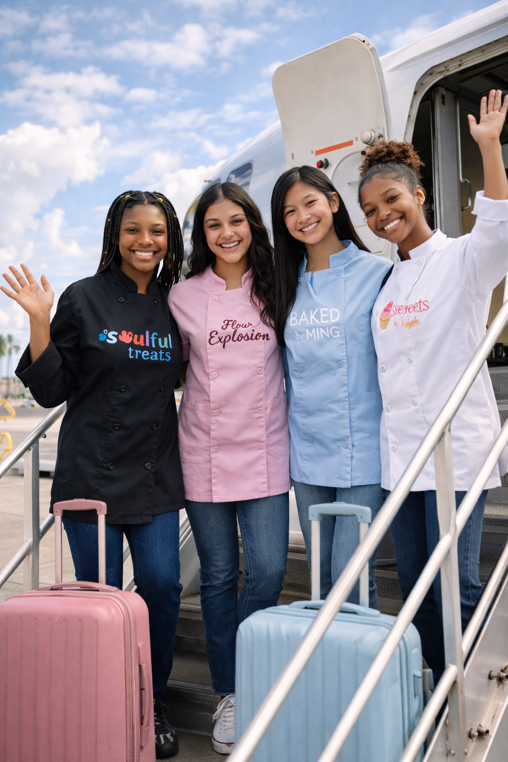 Four women standing on airplane stairs, waving, with luggage at their feet, smiling, against a blue sky with clouds.