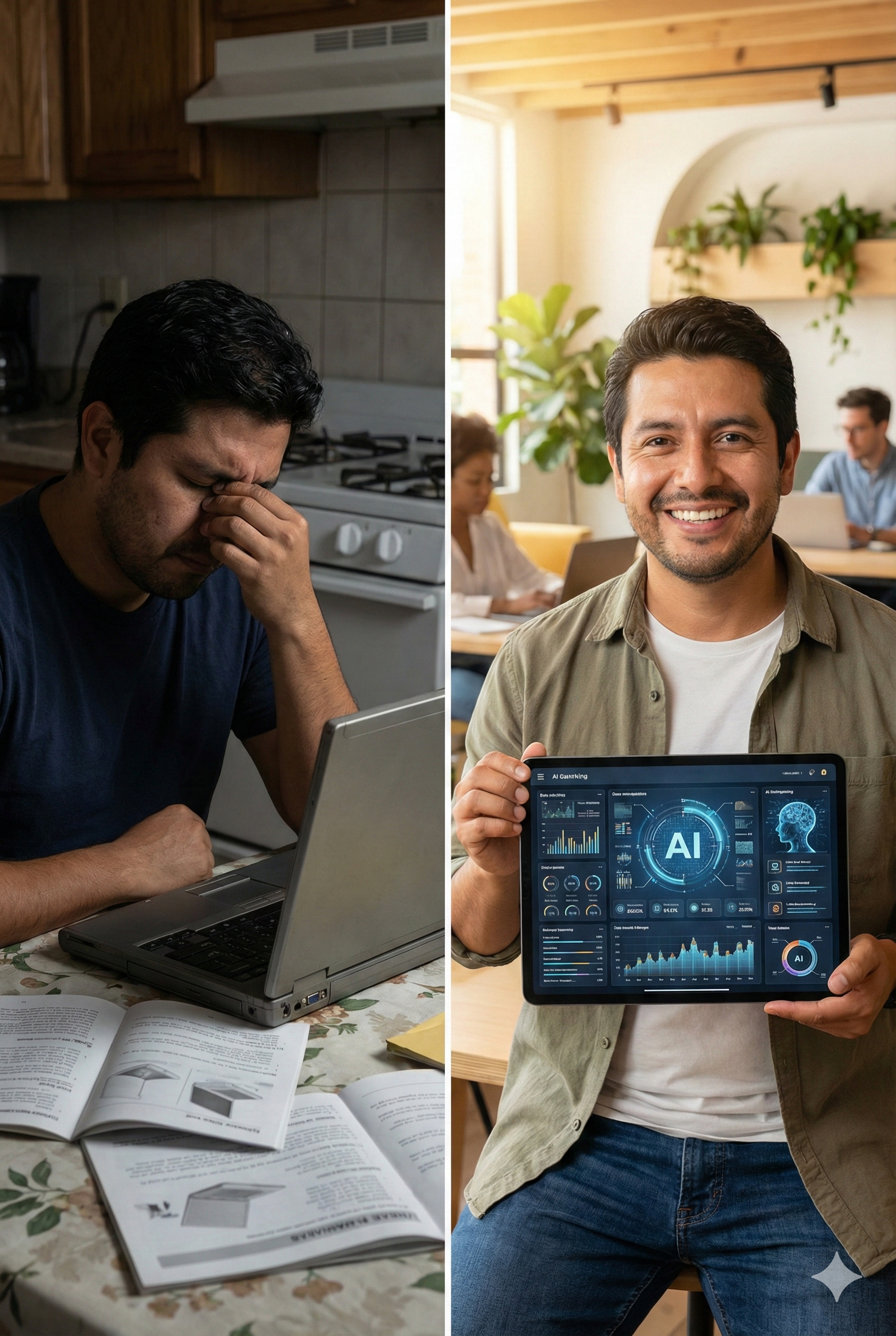 Primera mitad de la imagen muestra a un hombre con expresión de preocupación o frustración en la cocina, mientras trabaja con una computadora portátil y hay manuales abiertos frente a él. La segunda mitad muestra a un hombre sonriendo en una oficina moderna, sosteniendo una tablet con gráficos y símbolos de inteligencia artificial.