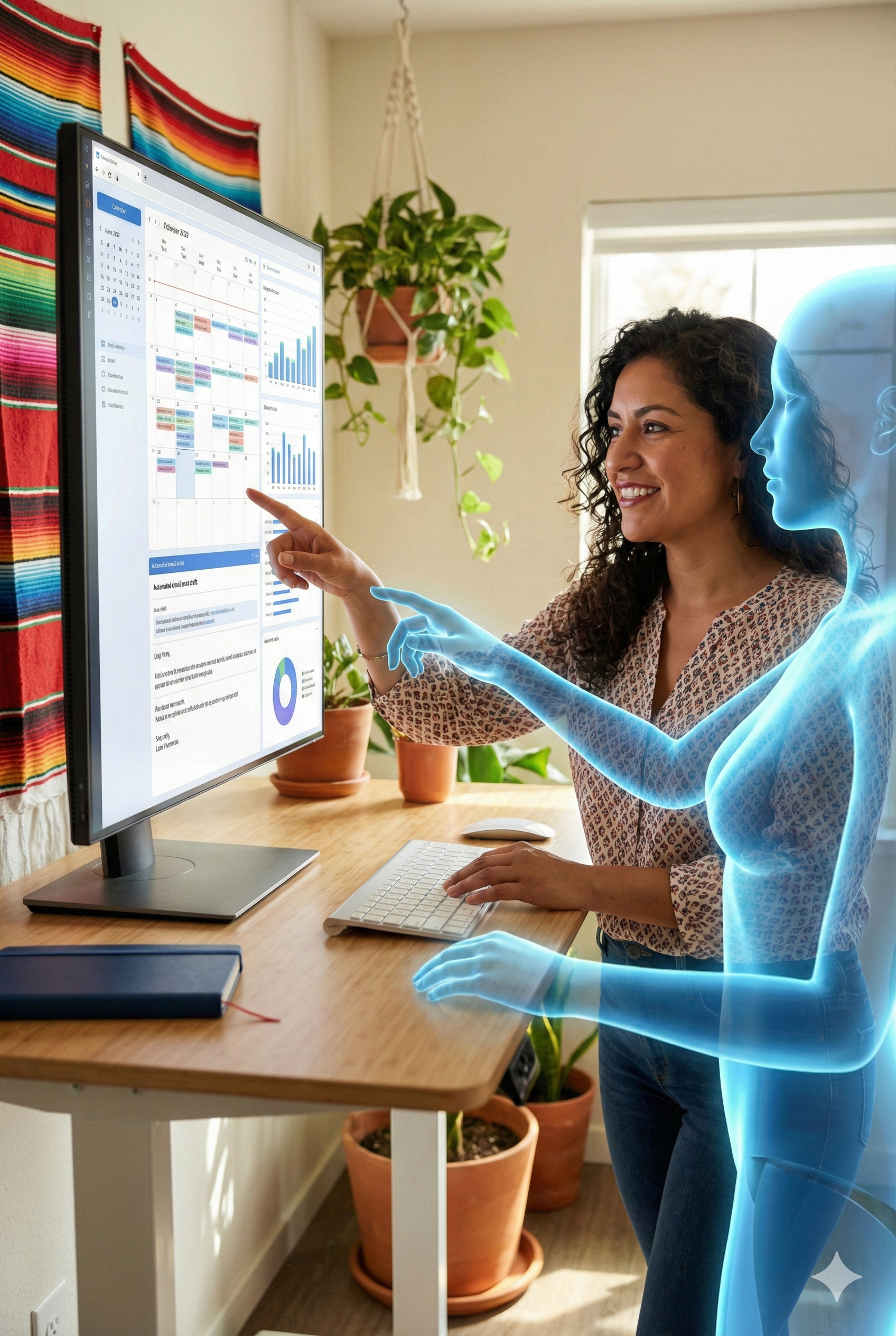 Mujer y figura holográfica interactuando con una pantalla de computadora en una oficina con plantas y decoración colorida.