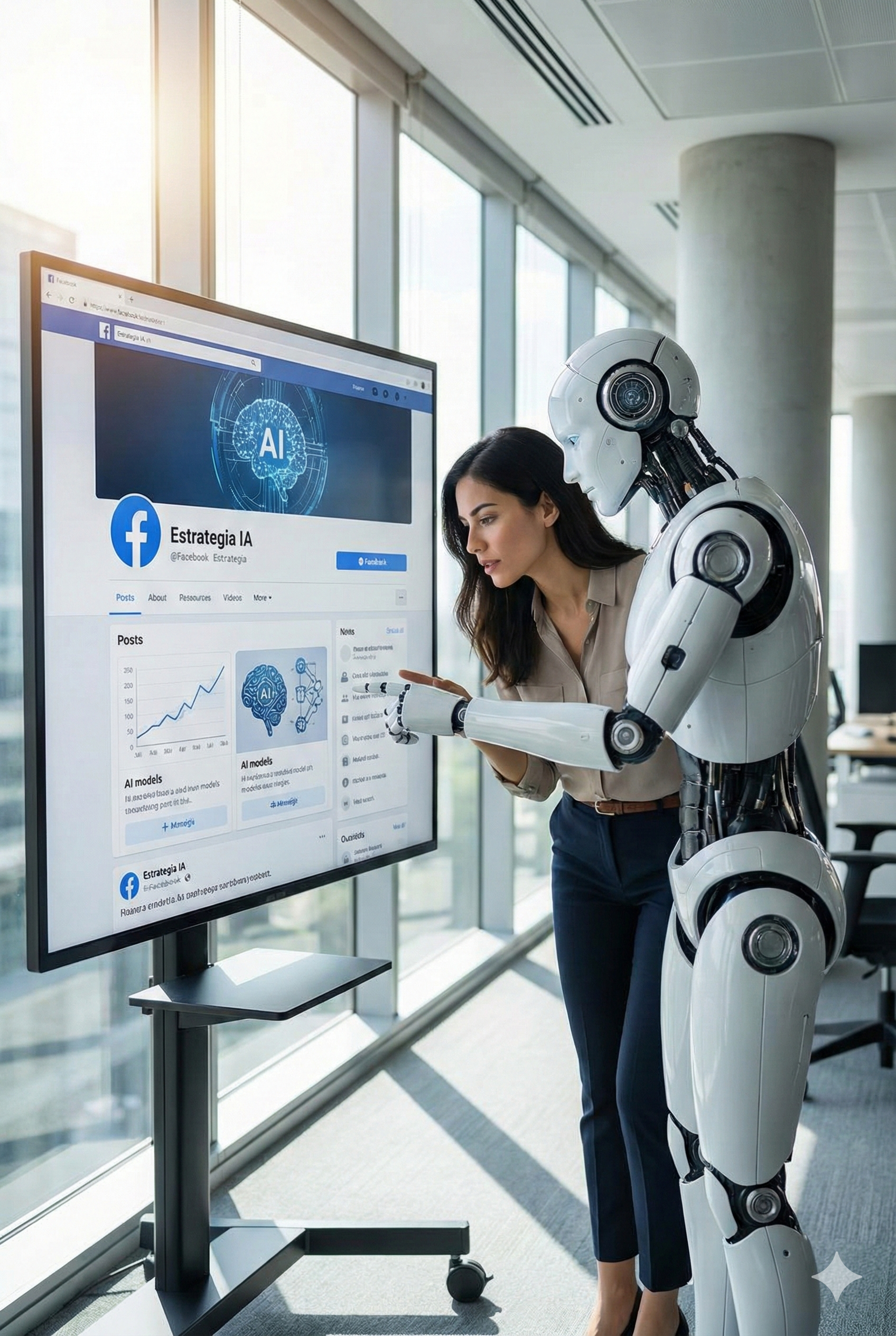Mujer y robot mirando una pantalla con contenido sobre inteligencia artificial en una oficina moderna con ventanas grandes