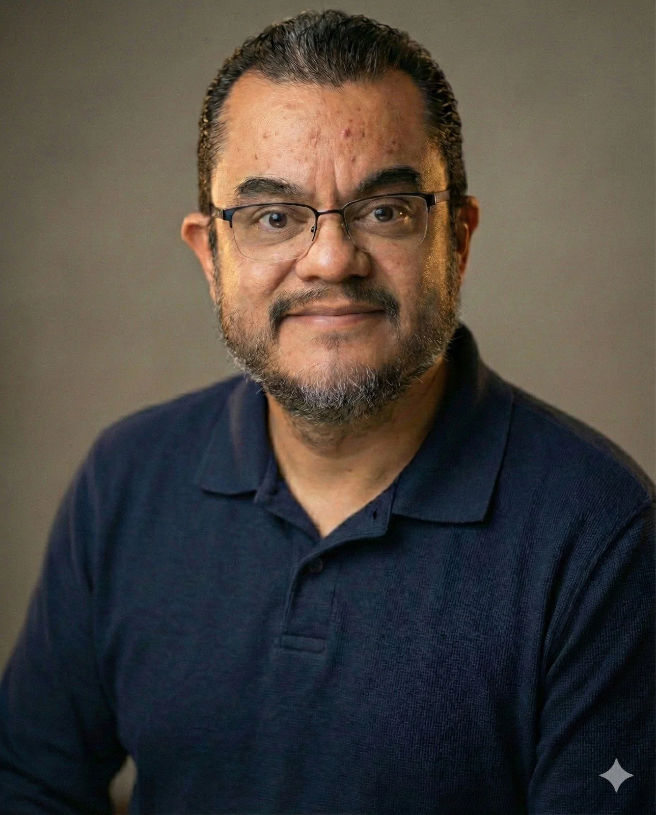 Retrato de un hombre con barba, gafas y cabello oscuro, usando una camiseta polo azul oscuro, con fondo gris.
