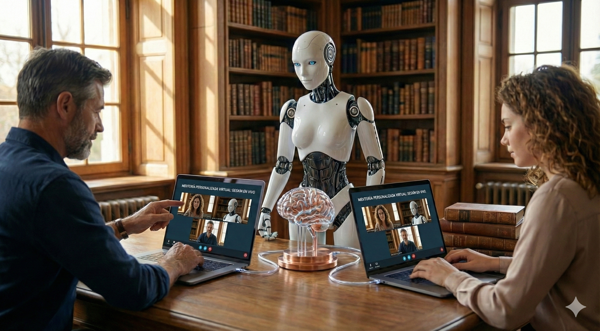 Dos personas en una sala de biblioteca usan laptops para videollamada con un robot humanoide que tiene un cerebro artificial en la mesa.