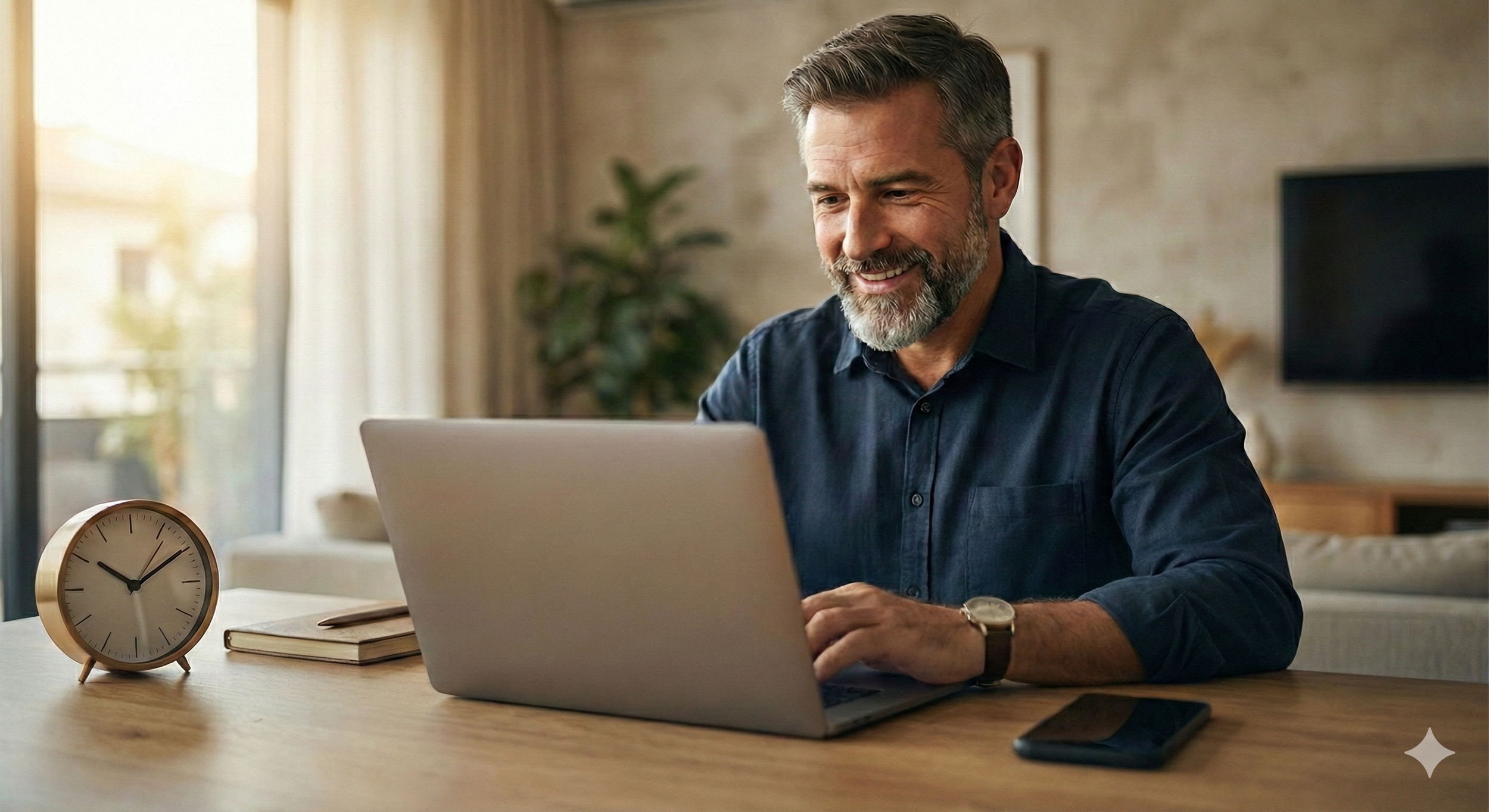 Un hombre de cabello gris y barba, sonriente, trabaja en una computadora portátil en una mesa de madera, con un reloj y un teléfono a su lado en una sala bien iluminada.