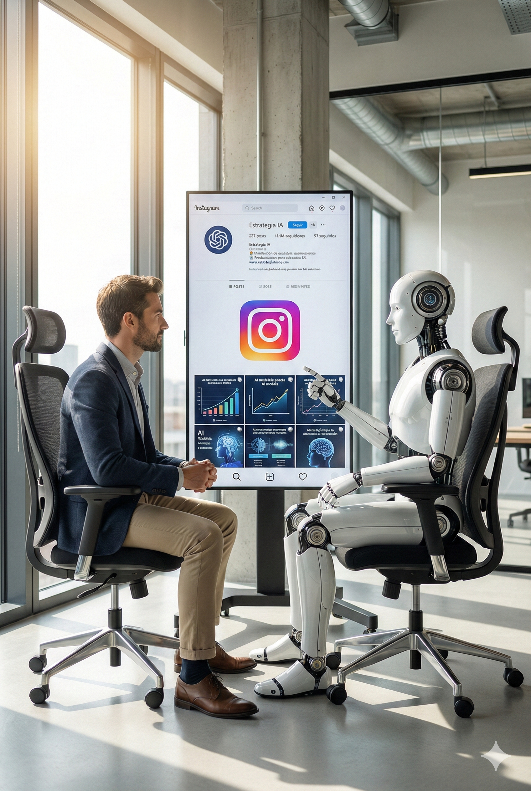 Un humano y un robot humanoide en una oficina moderna tienen una conversación en torno a una pantalla digital, que muestra perfiles de redes sociales, gráficos y contenido relacionado con inteligencia artificial y tecnología.