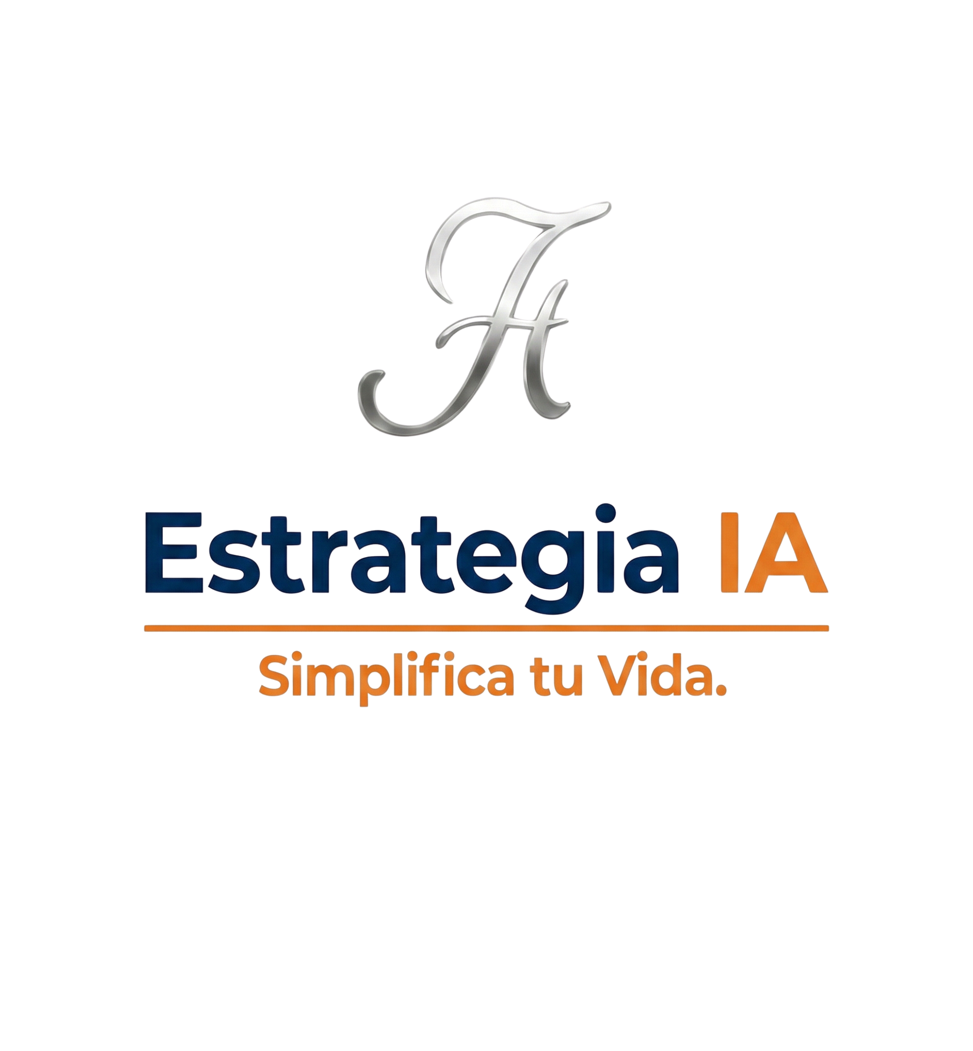 Logo con letra de estilo elegante y texto en colores azul, naranja y marrón que dice 'Estrategia IA Simplifica tu Vida'.