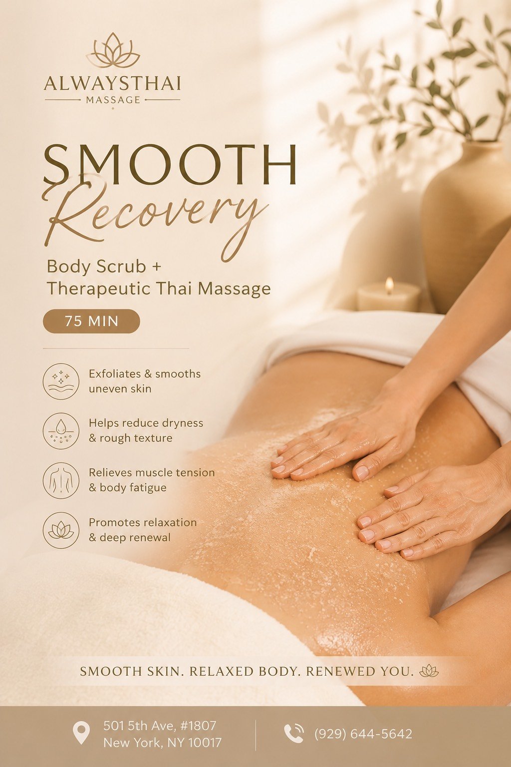 Smooth Recovery body scrub and therapeutic massage at Always Thai Spa NYC