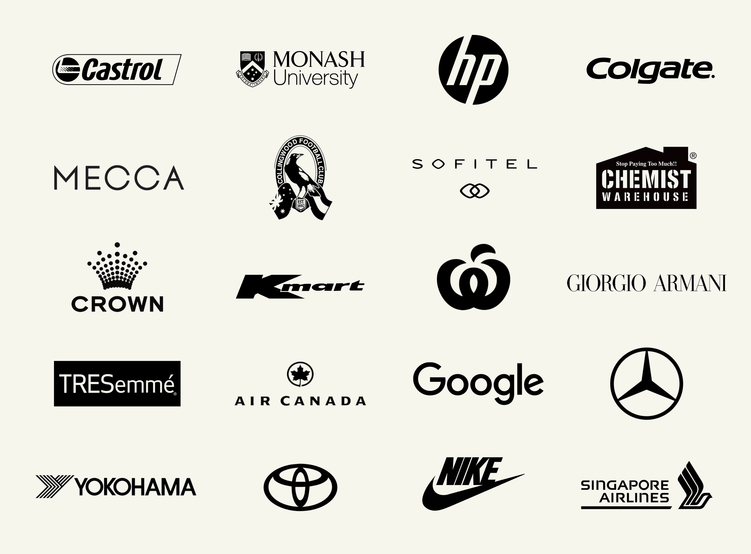 Collection of various company logos including Castrol, Monash University, HP, Colgate, MECCA, Collingwood Football Club, Sofitel, Chemist Warehouse, Crown, Kmart, Gucci, Giorgio Armani, TRESemmé, Air Canada, Google, Mercedes-Benz, Yokohama, Toyota, Nike, and Singapore Airlines.