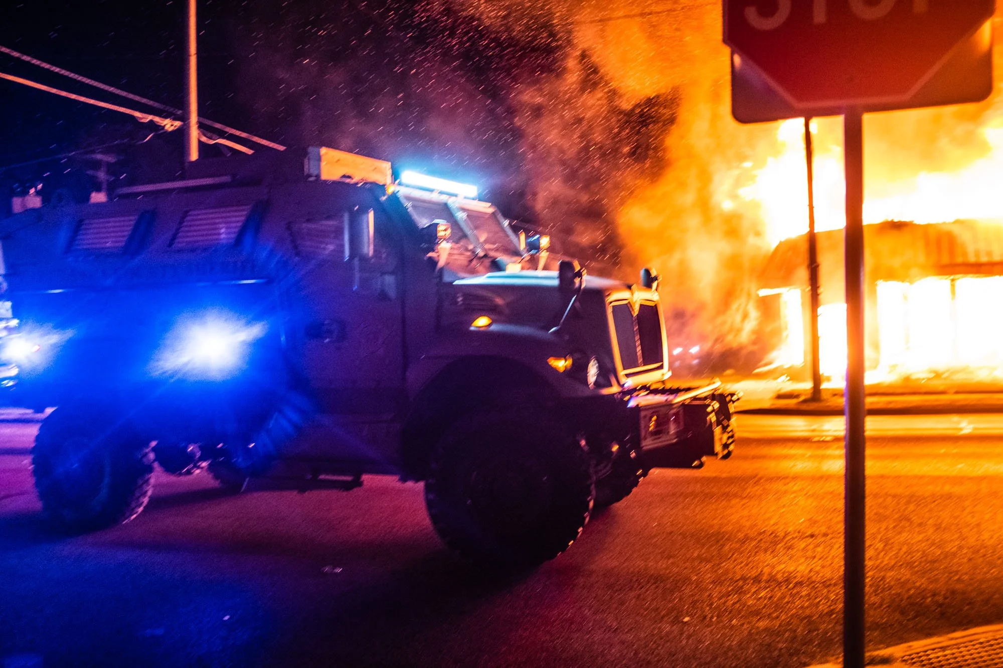 The State and it's muscle, suddenly, breathing more hot fumes down your neck. The sound of fire and a loud diesel engine rumbling is menacing. What happens next? Is it time to run?
