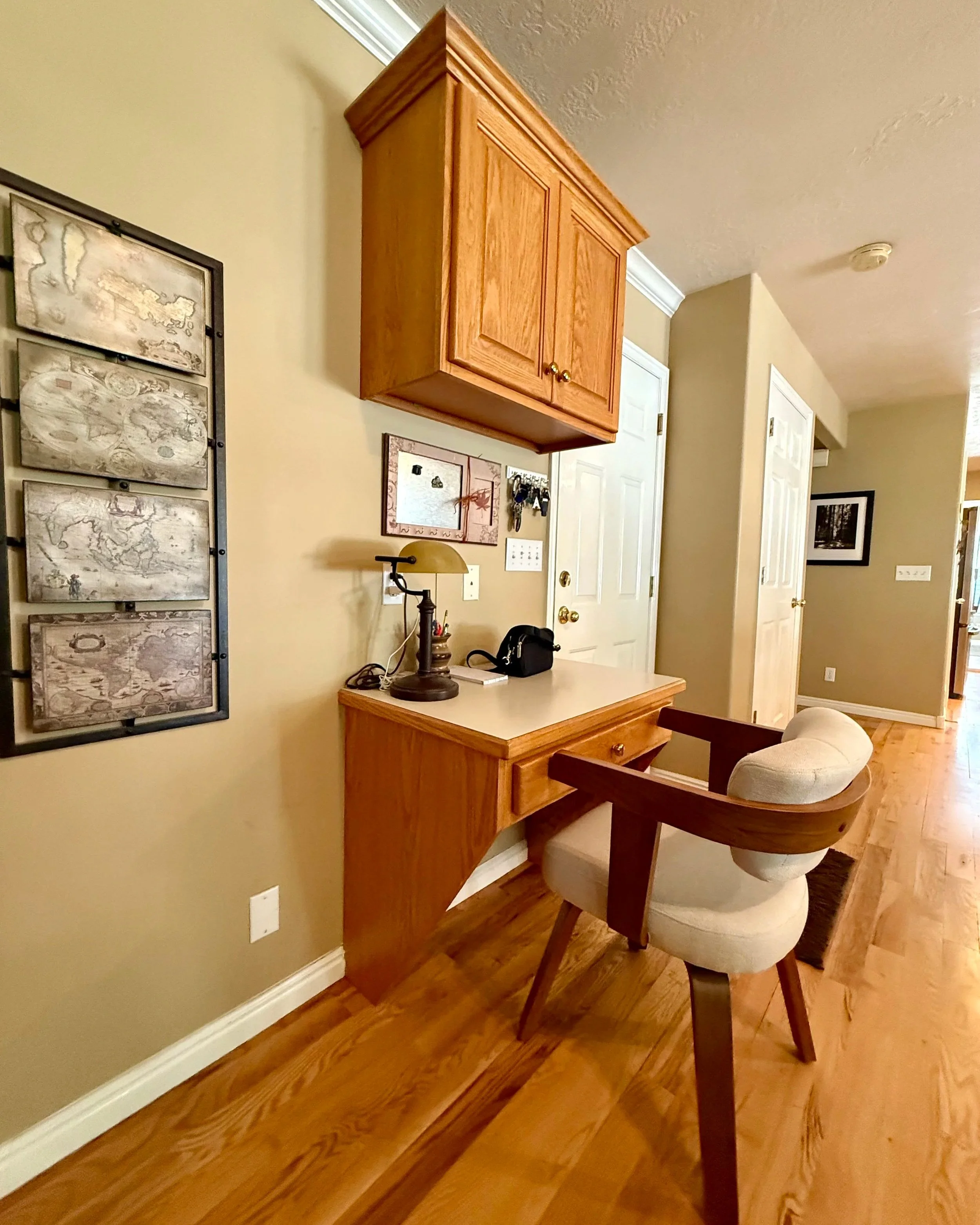 Original wood built-in desk cabinetry in North Salt Lake before cabinet refinishing