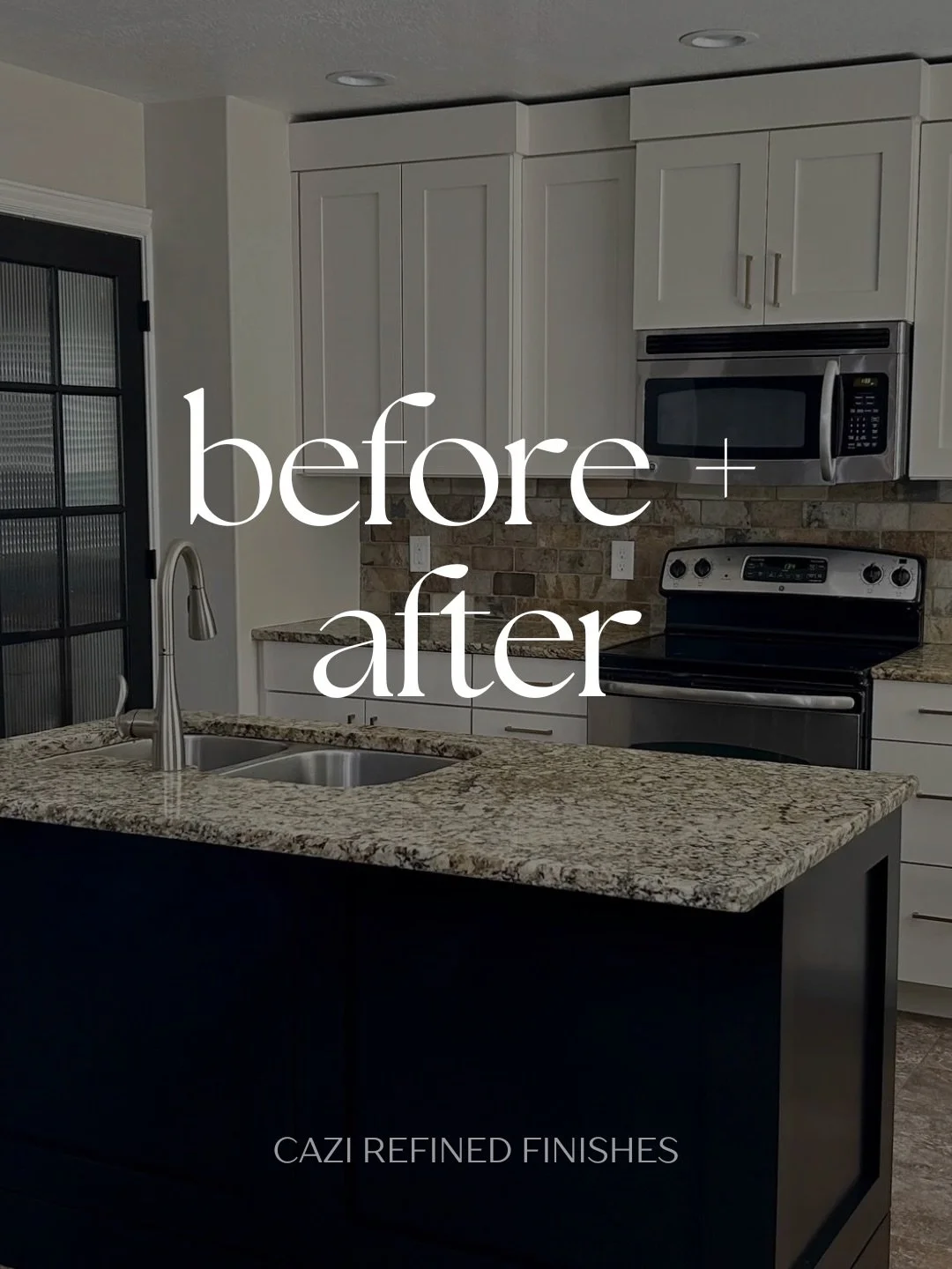 A darker island paired with lighter perimeter cabinetry completely changed the feel of this kitchen. 
 
Refinishing existing cabinets can modernize a space while keeping the original layout intact &mdash; a huge transformation without a full cabinet 