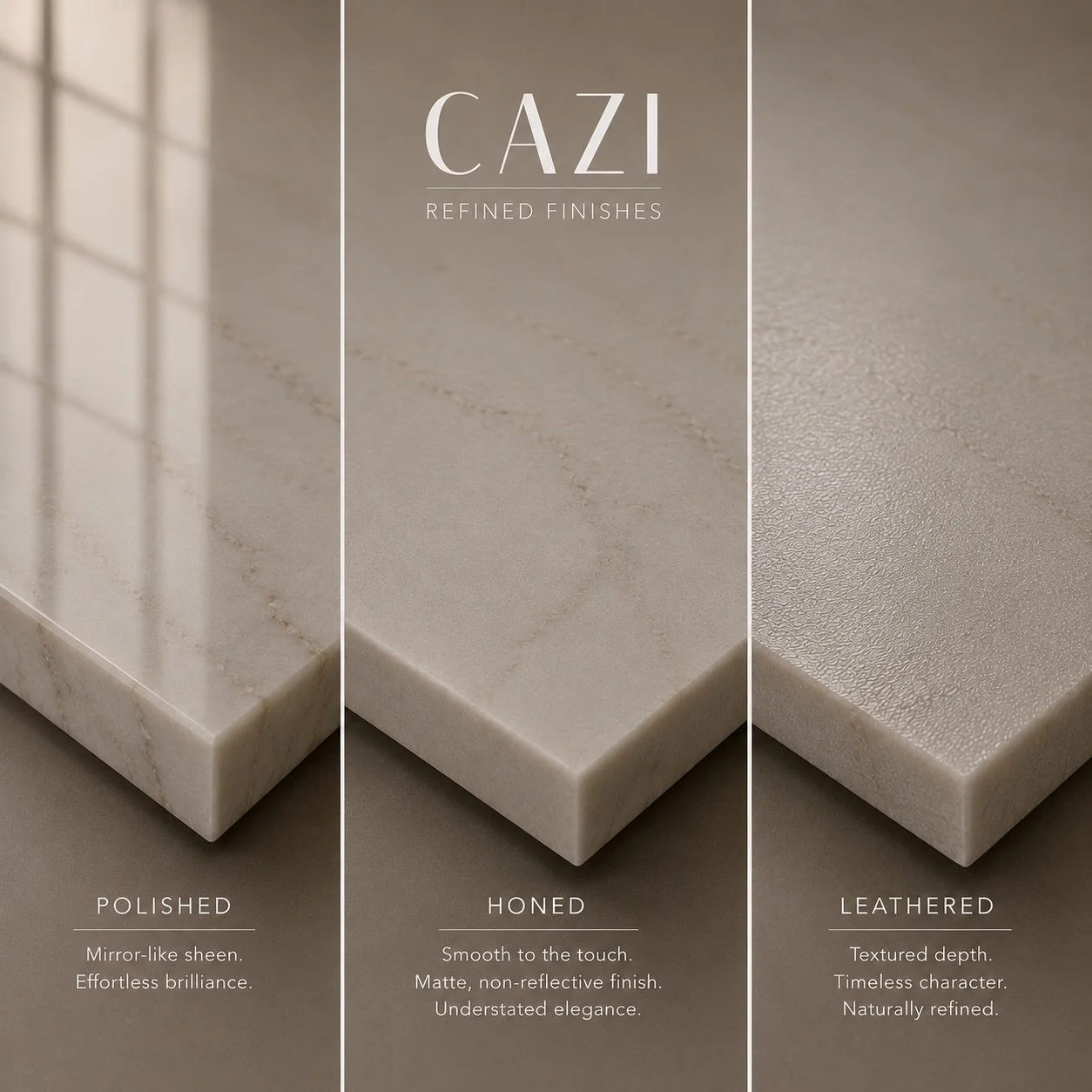 The details make the difference.

A countertop finish affects more than appearance&mdash;it changes how a surface reflects light, feels to the touch, and complements the rest of the space.

Polished, honed, or leathered&mdash;which would you choose?
