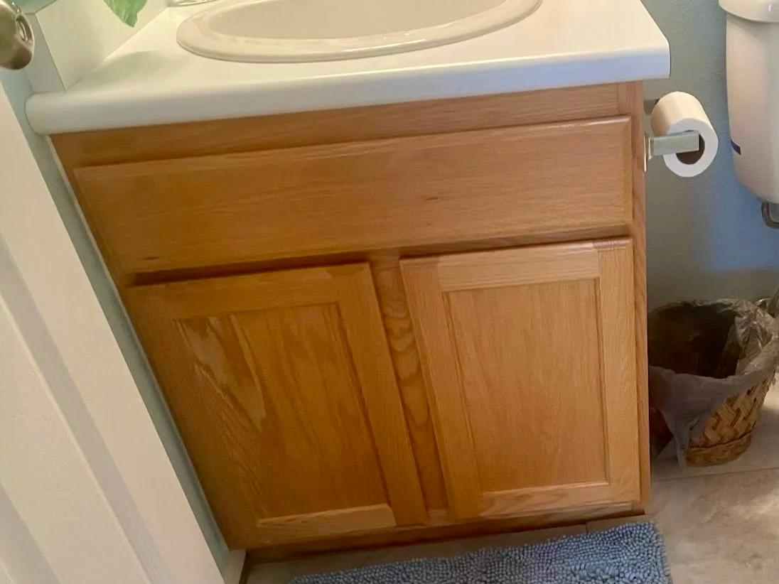Provo Utah bathroom vanity before cabinet refinishing, new Shaker doors and soft close hinges.