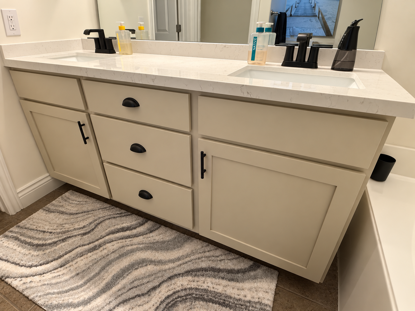 North Salt Lake double bathroom vanity refaced with new Shaker doors and drawer fronts in Sherwin Williams Windsor Greige with new quartz countertop