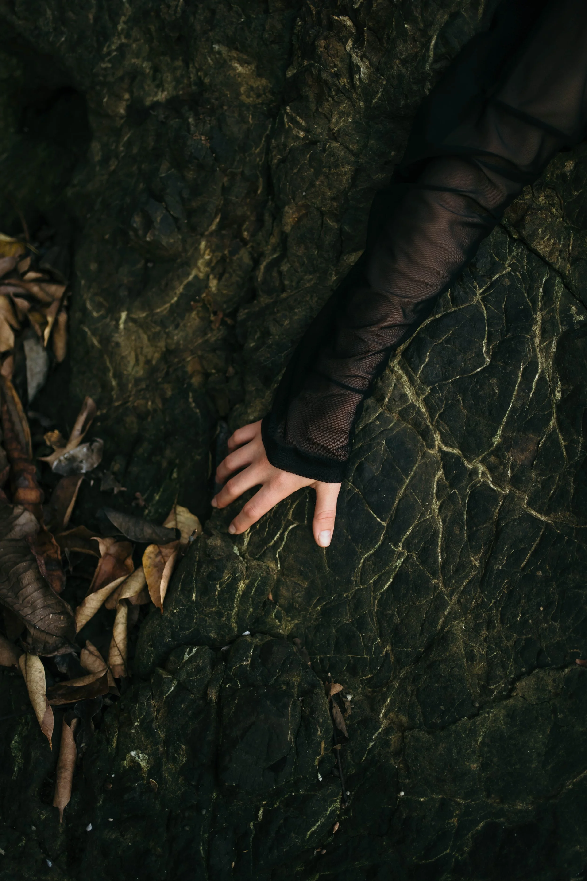 Person reaching out to touch a dark, textured rock face with gold streaks, wearing a black sheer long-sleeve shirt, in an outdoor natural setting with leaves and twigs on the ground.