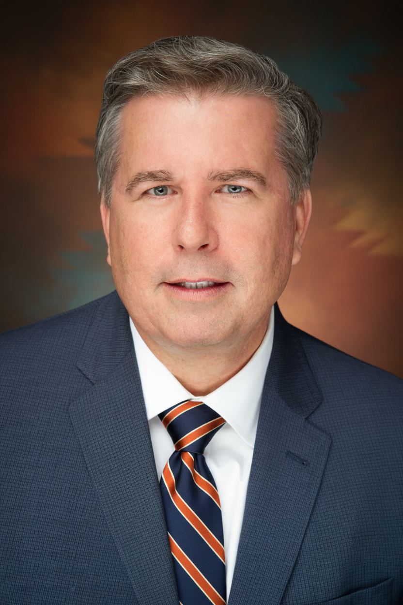 A middle-aged man with fair skin, blue eyes, and graying hair, wearing a dark suit, white shirt, and a striped tie, looking directly at the camera.