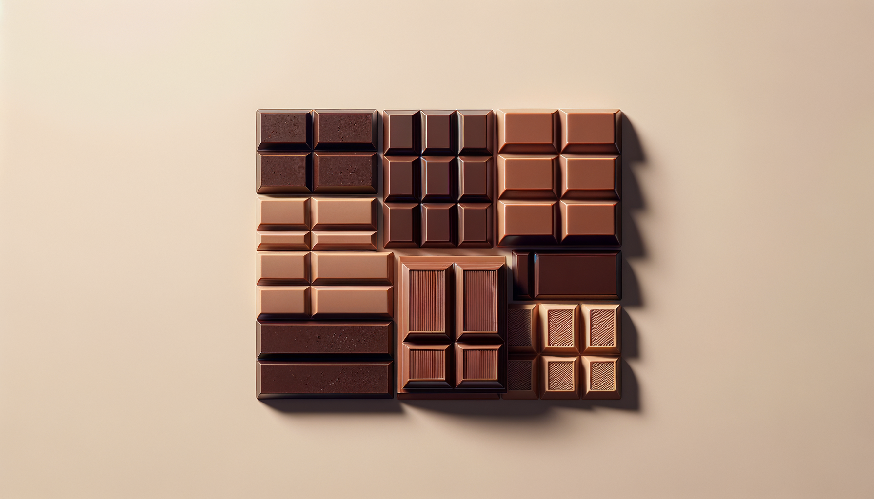 Arrangement of various types of chocolate bars on a light background.