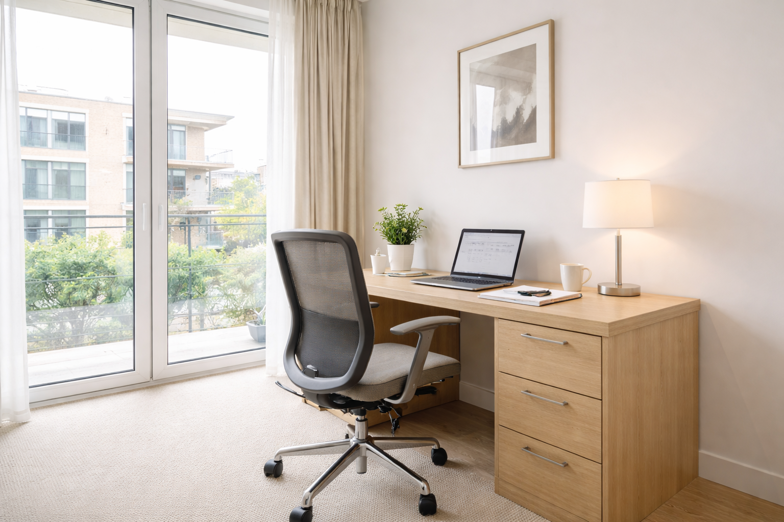 A premium serviced apartment interior banner image showing a stylish living space with soft lighting, neutral tones, modern furniture, and a welcoming atmosphere. Designed for a corporate serviced accommodation website, clean, spacious composi