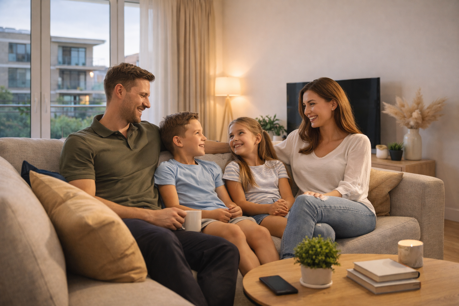 Family of four sitting on sofa in living room, smiling and talking, with large windows in background and a coffee table with books and plants in foreground.