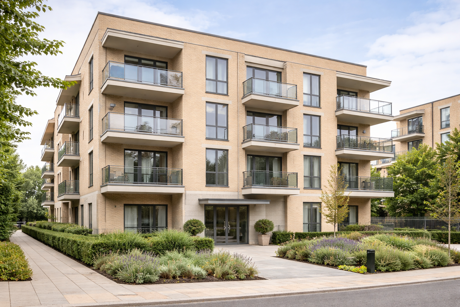 A modern multi-story apartment building with balconies, landscaped garden, and a paved walkway leading to the entrance.