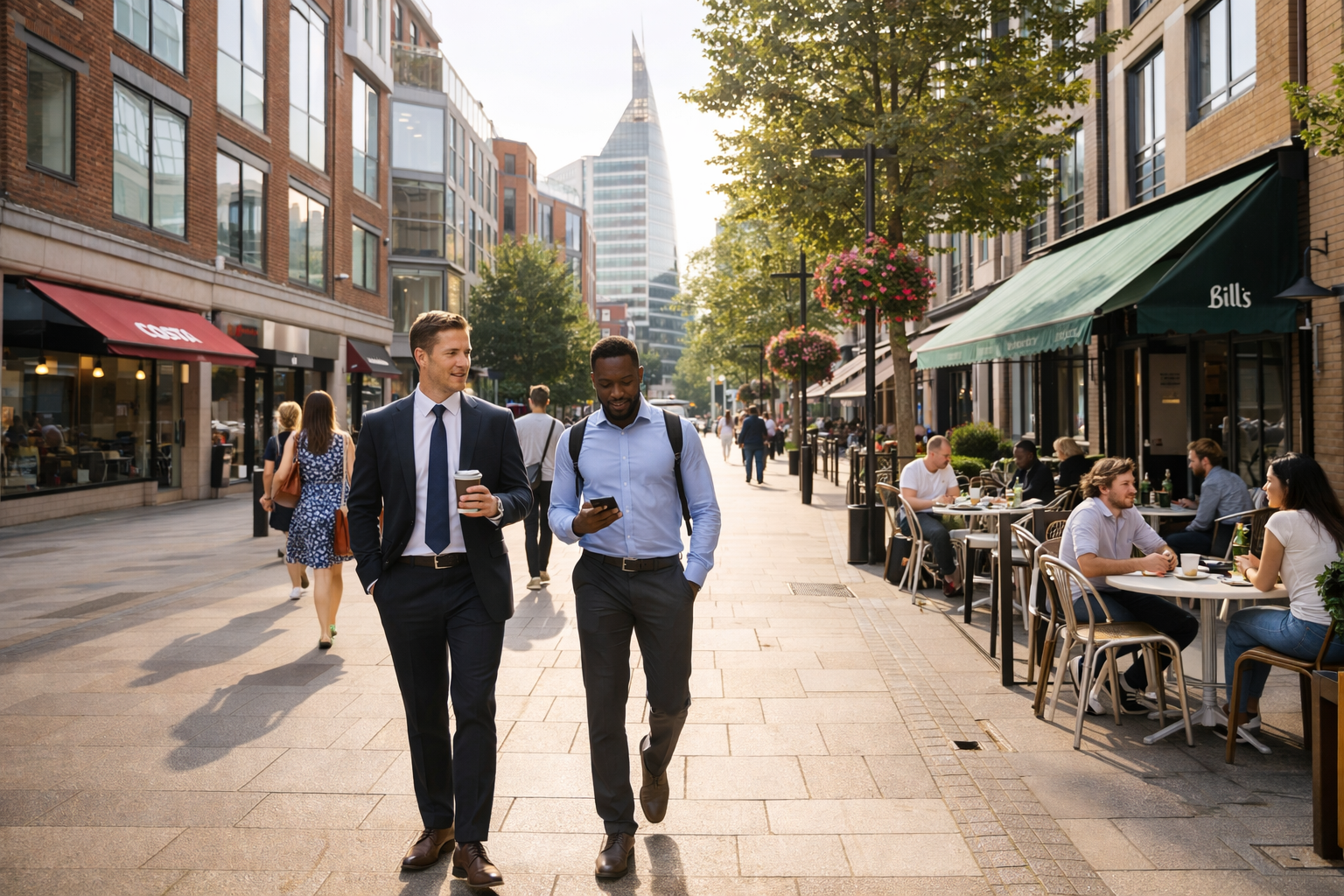 Lifestyle image representing Reading, Berkshire, showing a modern urban environment, clean streets, local cafés, business professionals walking, warm daylight, professional city lifestyle photography, realistic UK atmosphere.
