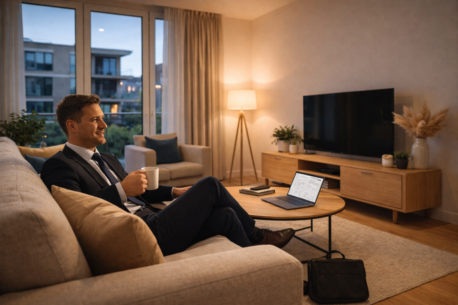A man in a business suit relaxes on a beige sofa in a modern living room, holding a white mug, with a laptop open on a wooden coffee table in front of him. The room has large windows with curtains, a TV on a wooden stand, a floor lamp, and decorative plants.