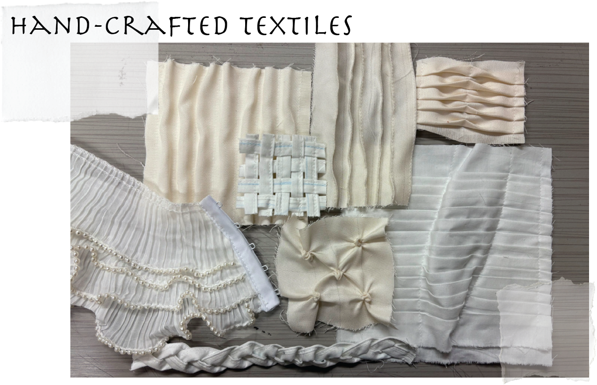 Array of fabric swatches in various cream and white shades, featuring pleats, ruffles, beading, woven textures, and braided design, arranged on a wooden surface.