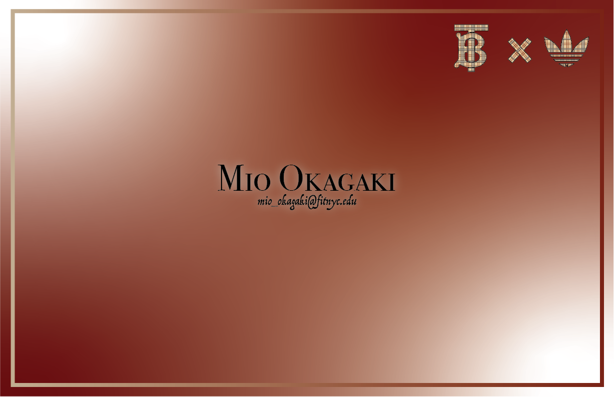 Business card with a red and beige gradient background, featuring the name Mio Okagaki, an email address mio_okagaki@fitync.edu, and logos of a dollar sign with a 'B' and the Adidas trefoil logo in the top right corner.