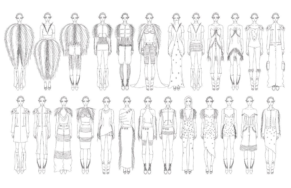 Sketches of over 20 female fashion models in various outfits, including dresses, skirts, pants, and tops, some with elaborate details and accessories.