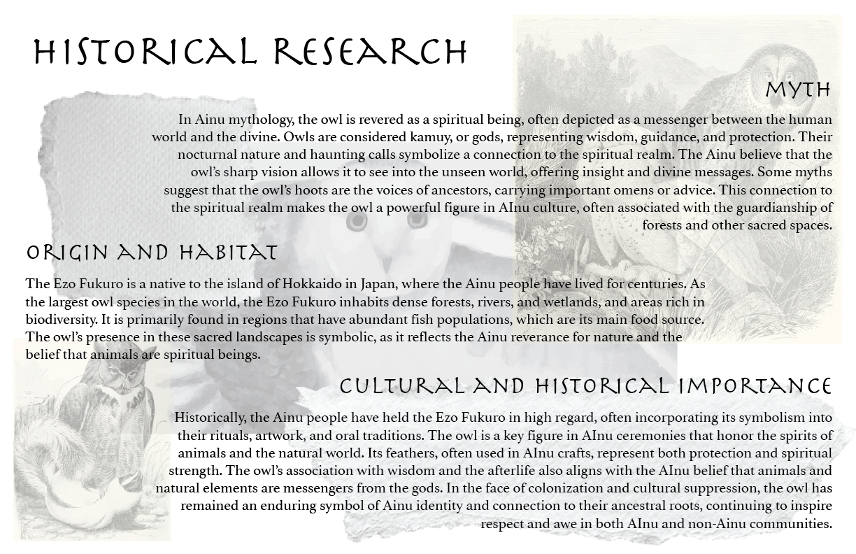 Page with illustrations of owls and text about Ainu mythology, owl symbolism, and cultural significance, including historical and habitat information.