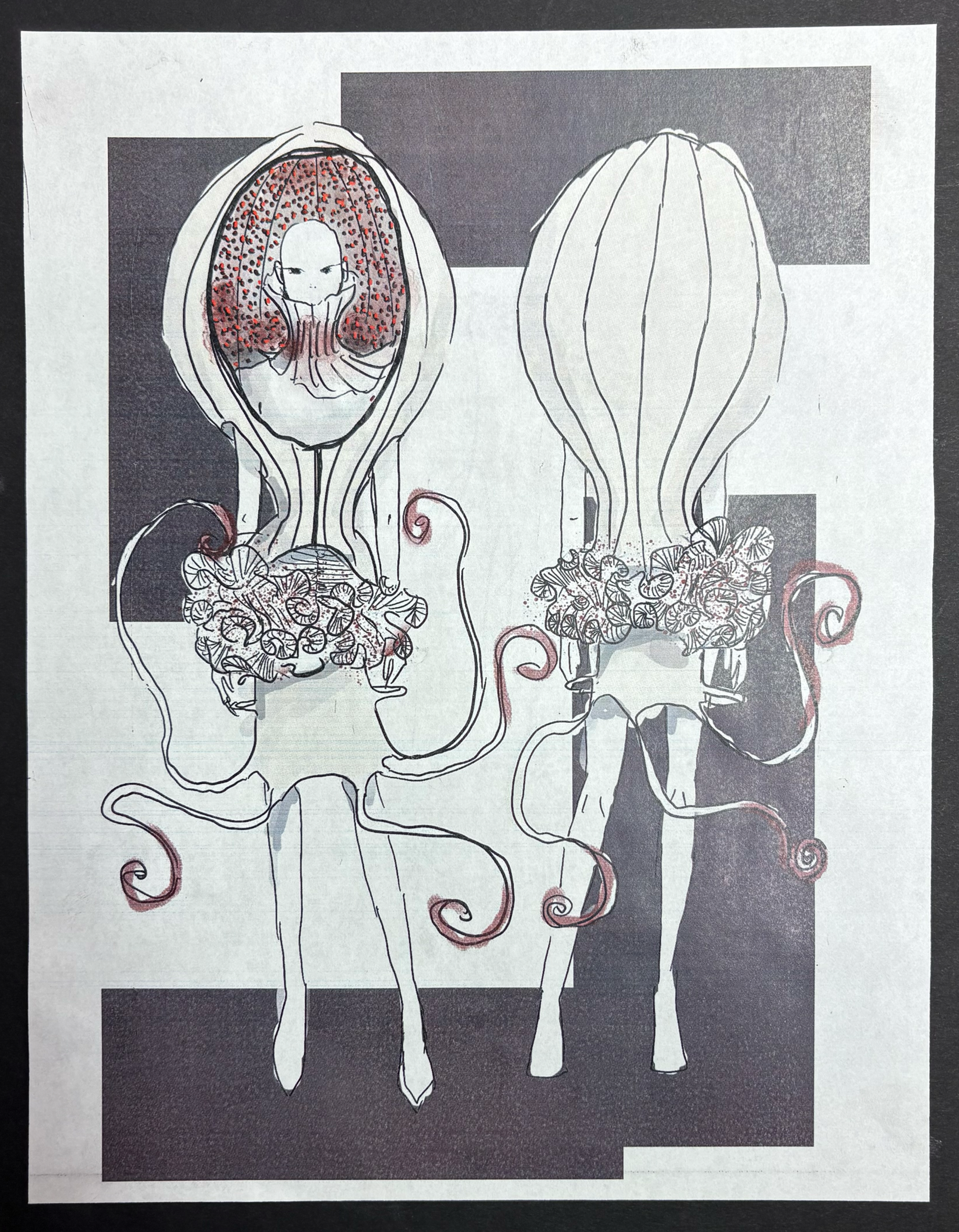 A surreal illustration featuring two abstract figures with large, balloon-like heads, decorated with intricate details and floral elements at the base. One figure has a face with curly, red hair and a serious expression, while the other is headless, 