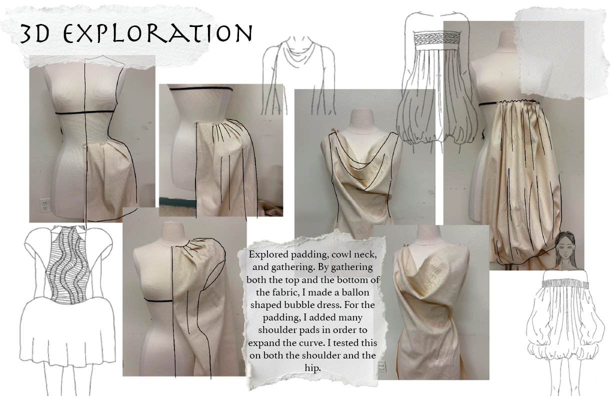 Collage of fabric dress design sketches and photographs of dress models, featuring gathered fabrics, cowl necklines, and padded shoulders, with handwritten notes detailing design exploration.