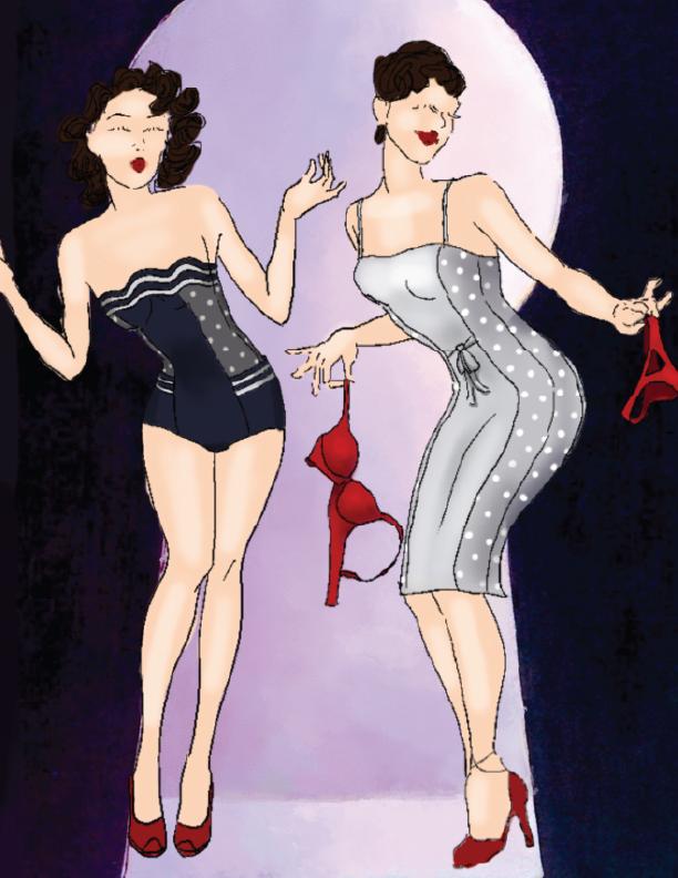 Two women in vintage-style pajamas on a stage with a spotlight behind them, one in a black strapless pajama and the other in a gray polka-dot slip, both holding red lingerie.