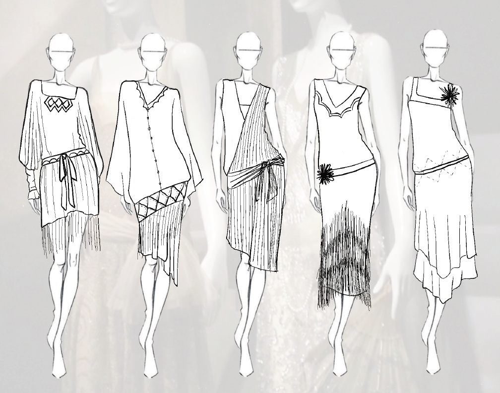 Line drawings of five mannequins dressed in different fashion outfits, standing side by side.