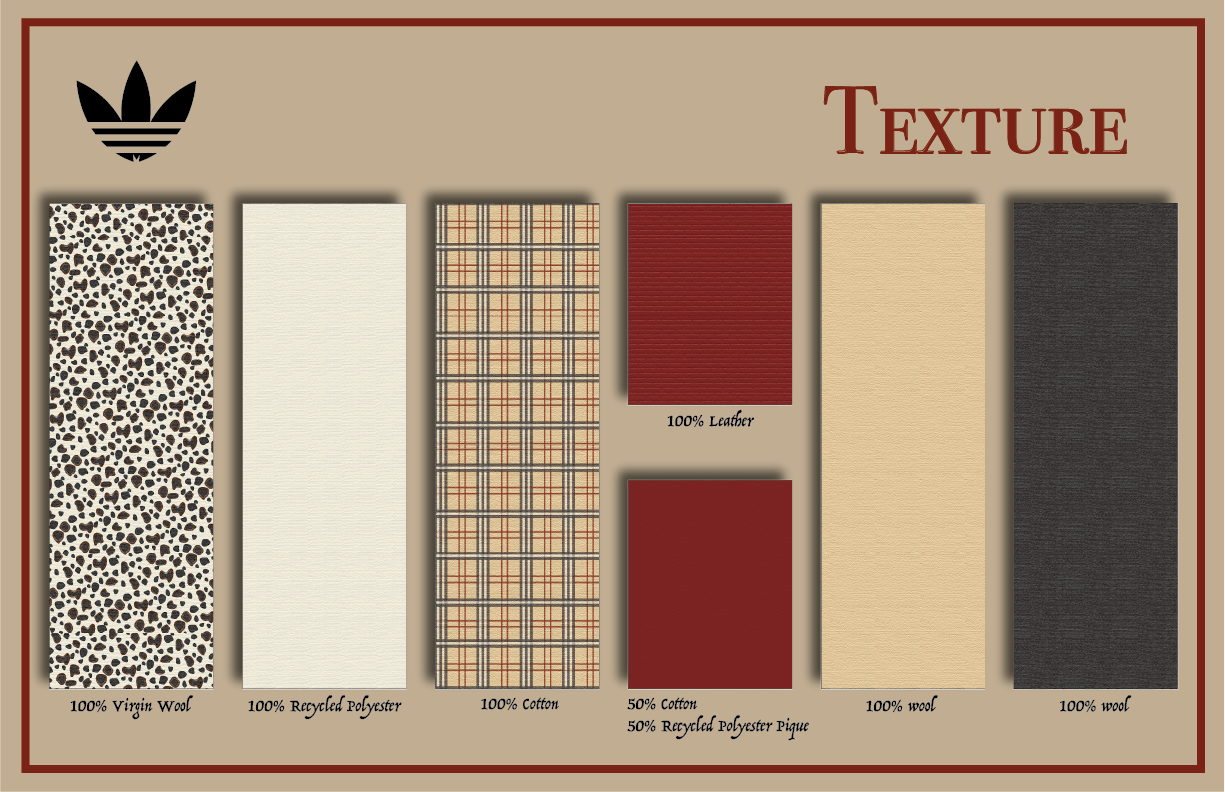 Sample fabric textures including virgin wool, recycled polyester, cotton, plaid, leather, and wool in various colors