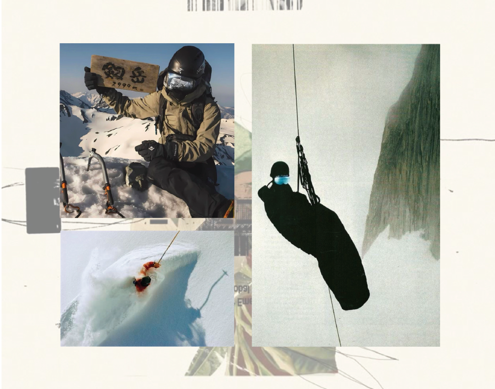  collage of three images related to mountaineering and ice climbing. The top left photo shows a person holding a sign at high altitude with snow and mountains in the background, wearing mountaineering gear. The bottom left photo depicts a person lyin