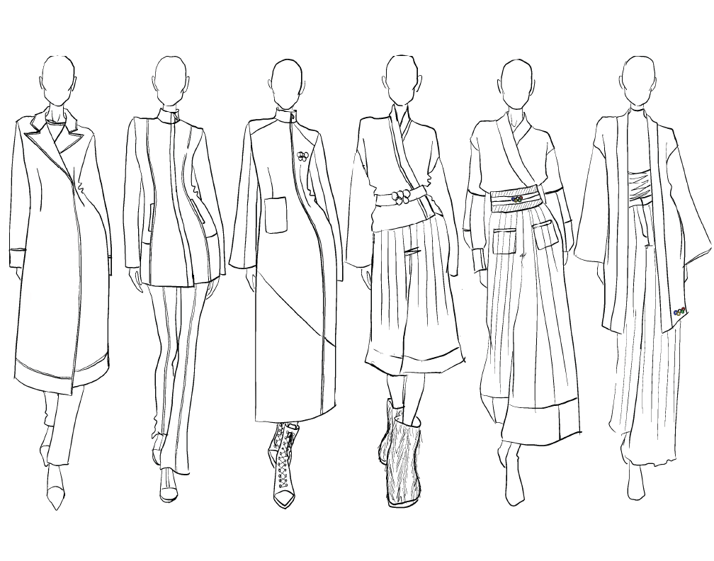 Line drawing of seven faceless women in fashion outfits, standing side by side.