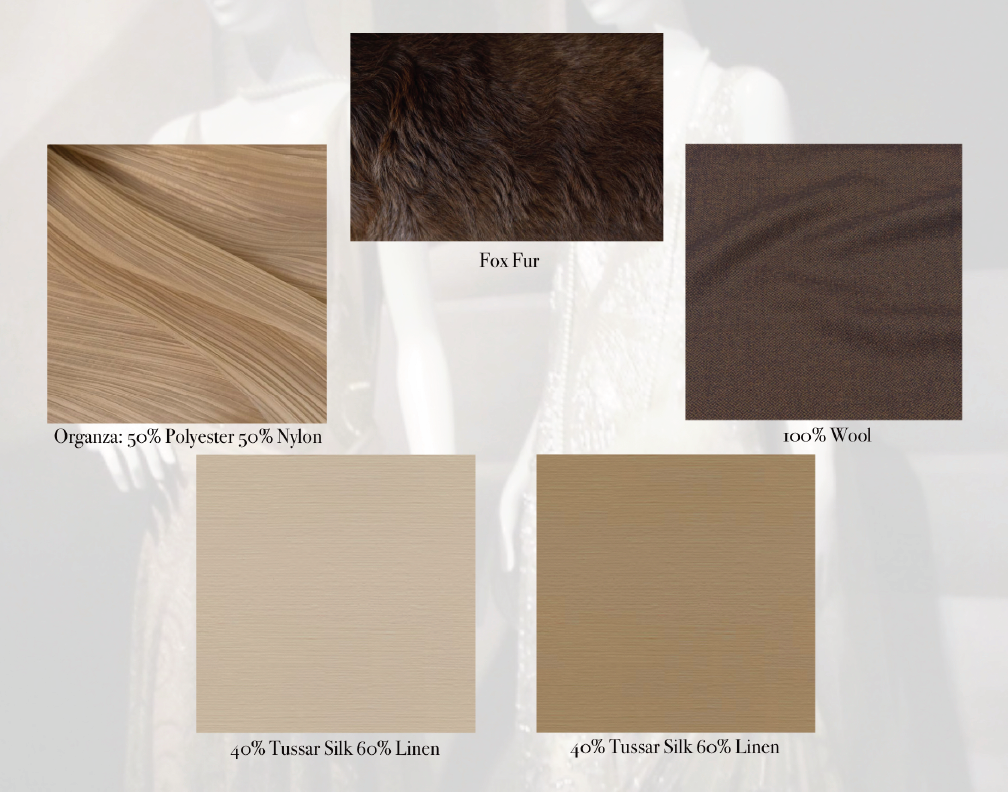 A color and fabric sample chart featuring five swatches with descriptions: a wood grain pattern 'Organza: 50% Polyester 50% Nylon'; a dark brown furry swatch 'Fox Fur'; a dark brown fabric '100% Wool'; a beige fabric '40% Tussar Silk 60% Linen'; and 
