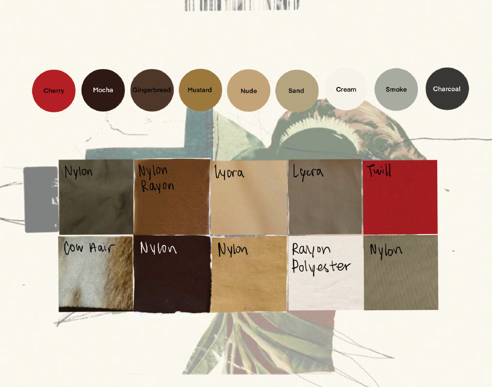 Color palette with shades labeled Cherry, Mocha, Gingerbread, Mustard, Nude, Sand, Cream, Smoke, Charcoal, and various fabric swatches labeled Nylon, Nylon Rayon, Lycra, Cow Hair, Rayon Polyester, and others.