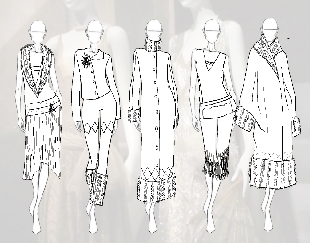 Line drawing of five mannequins dressed in fashion showcased on a runway.