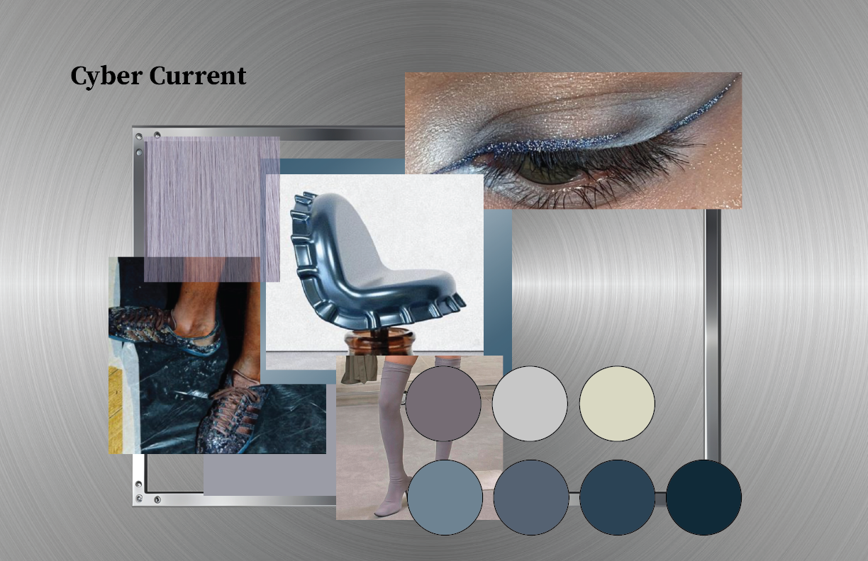 Collage of images including a close-up of an eye with makeup, a person wearing colorful shoes, a modern chair, and various color swatches in shades of gray, blue, and beige.