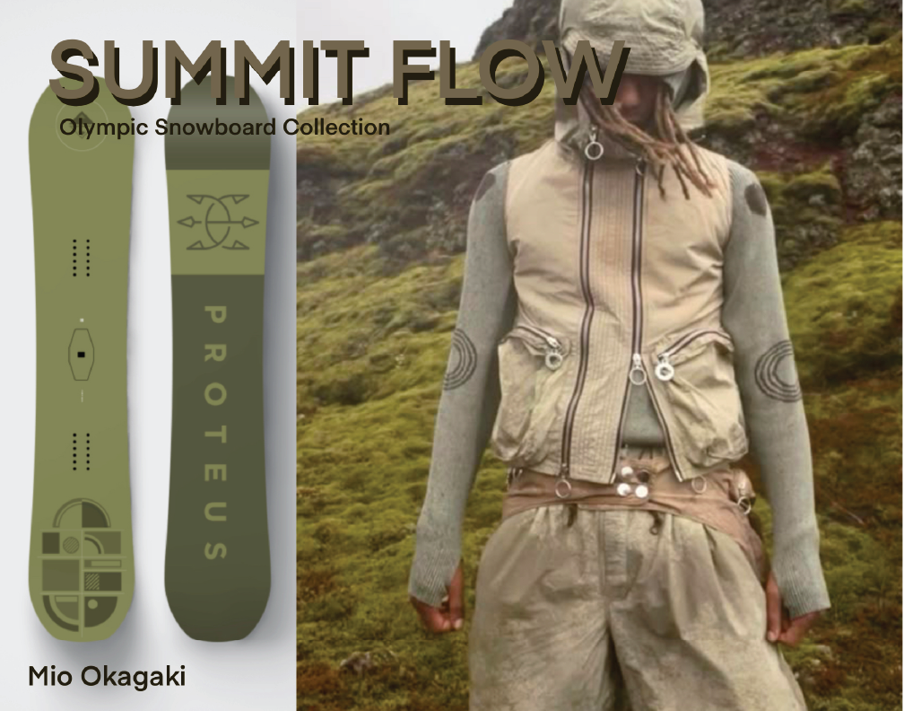 A person dressed in outdoor gear, including a beige vest and khaki pants, standing in a mossy, mountainous landscape. Overlay text reads "SUMMIT FLOW" and "Olympic Snowboard Collection" with a design of two snowboards and the designer's name, Mio Oka
