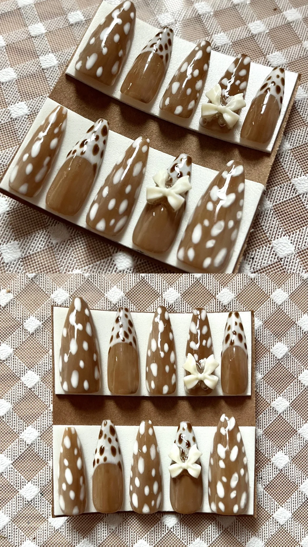Set of artificial nails with brown and white polka dot design and white bows.