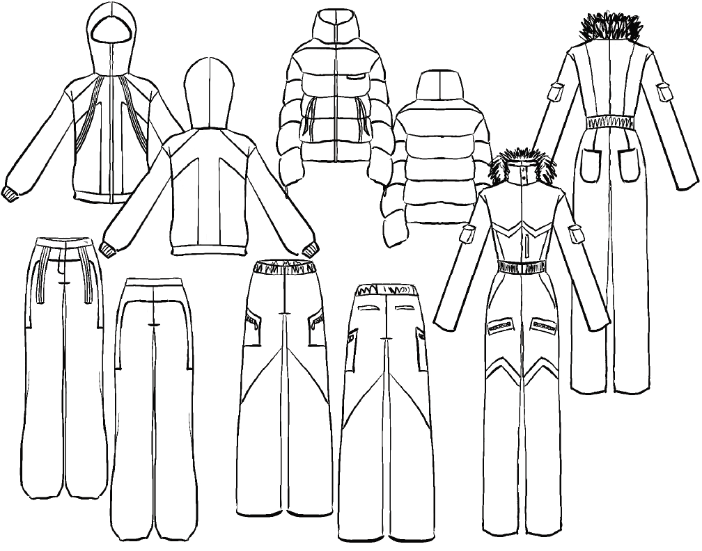 Line drawing of various winter jackets and pants, including puffer jackets, parkas with fur hoods, and pants with pockets and zippers.