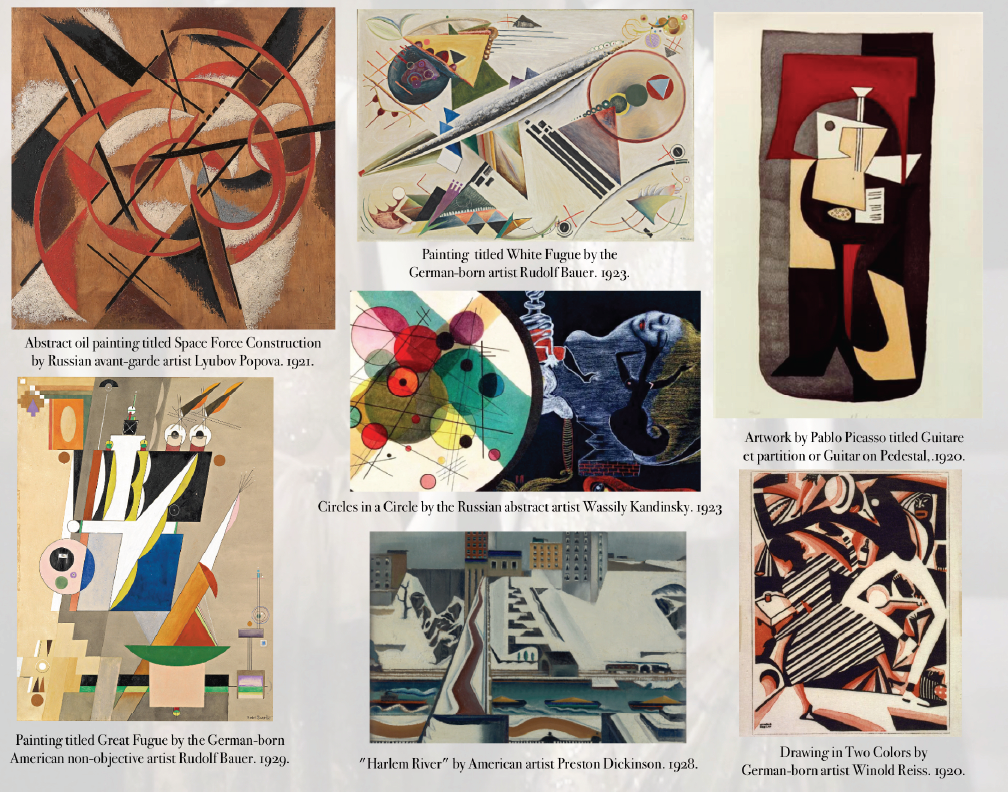 A collage of various abstract and modern artworks including paintings, drawings, and sculptures from the 1920s and 1930s, featuring works by artists like Rudolf Bauer, Wassily Kandinsky, Pablo Picasso, and others. The artworks include geometric abstr