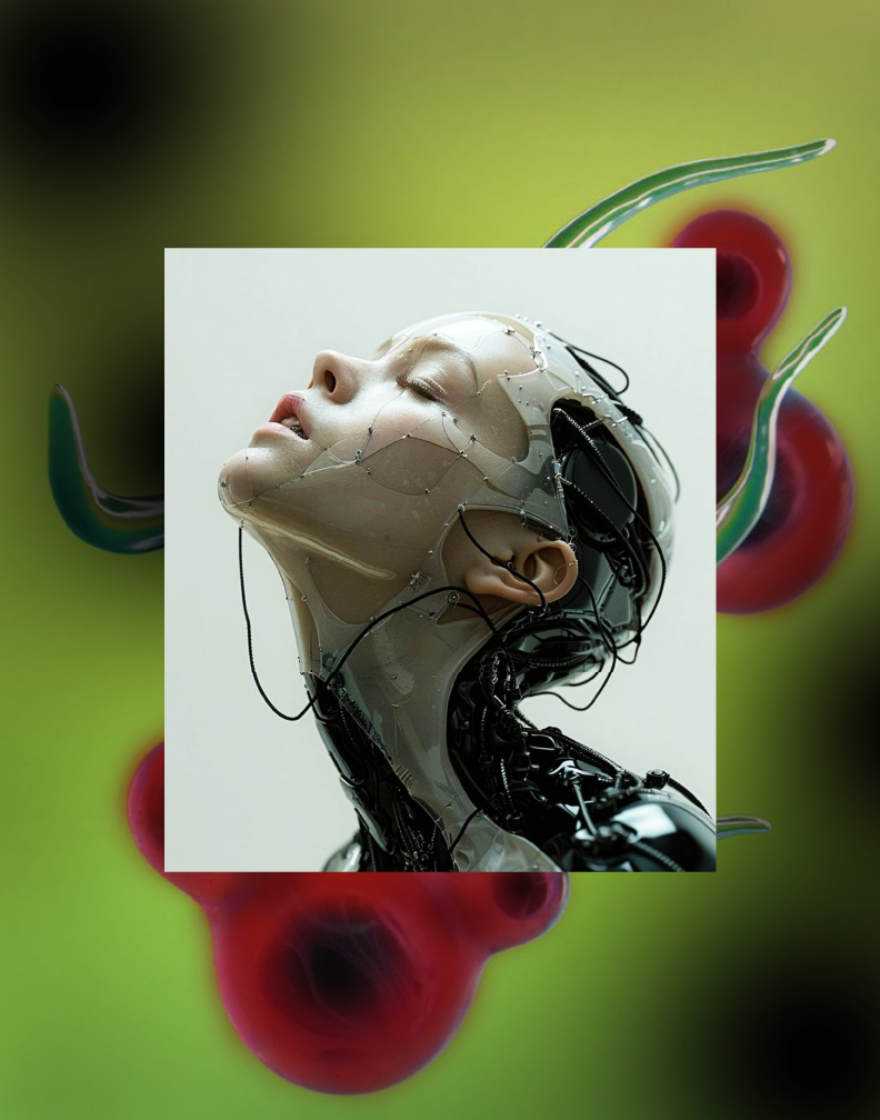 Close-up of a humanoid robot with a human face, closed eyes, and exposed mechanical parts and wiring.