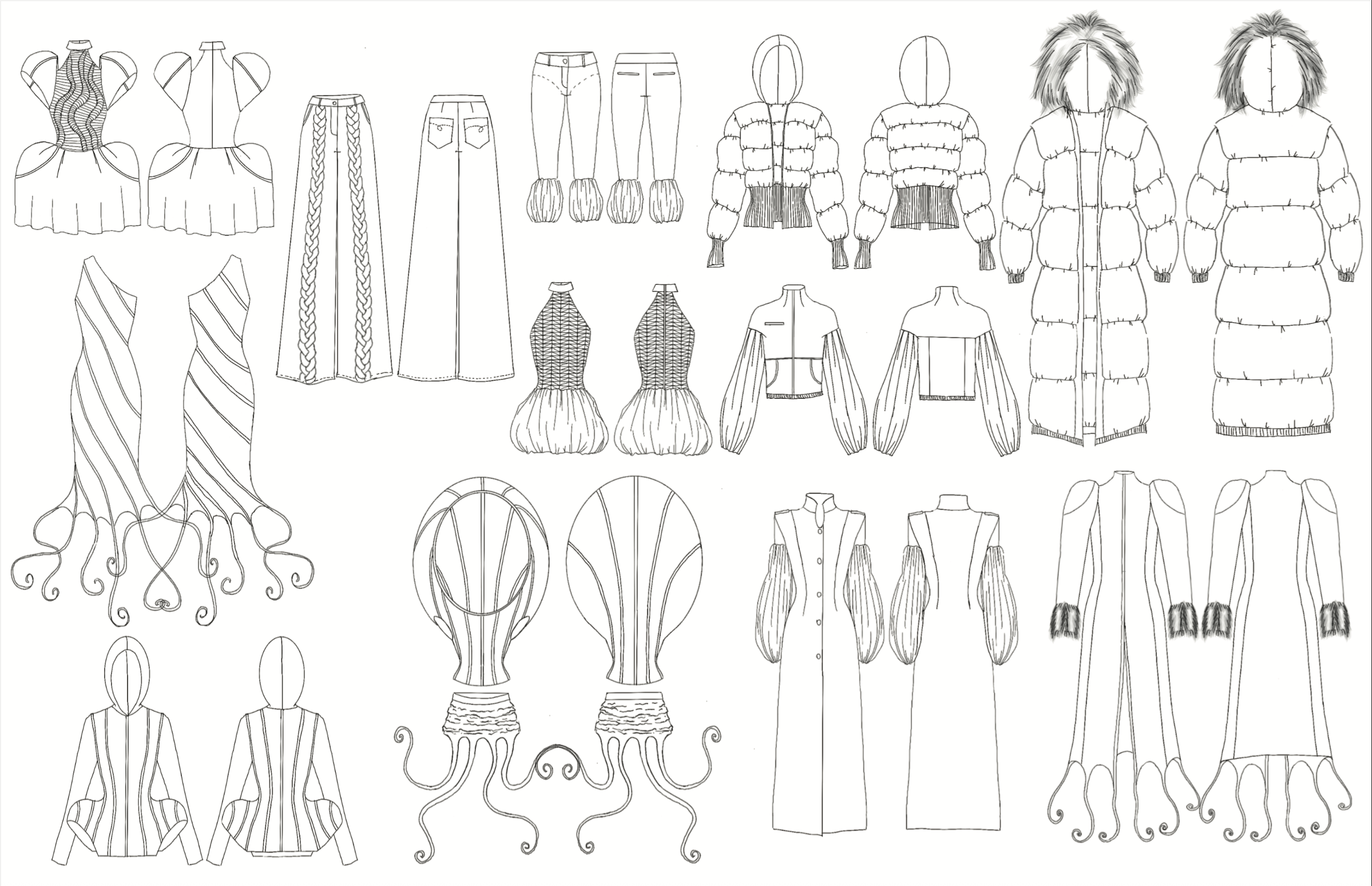 Fashion design sketches of various clothing items including dresses, skirts, pants, jackets, and tops, with some detailed features like puff sleeves, puffer jackets, branding elements, and decorative details.