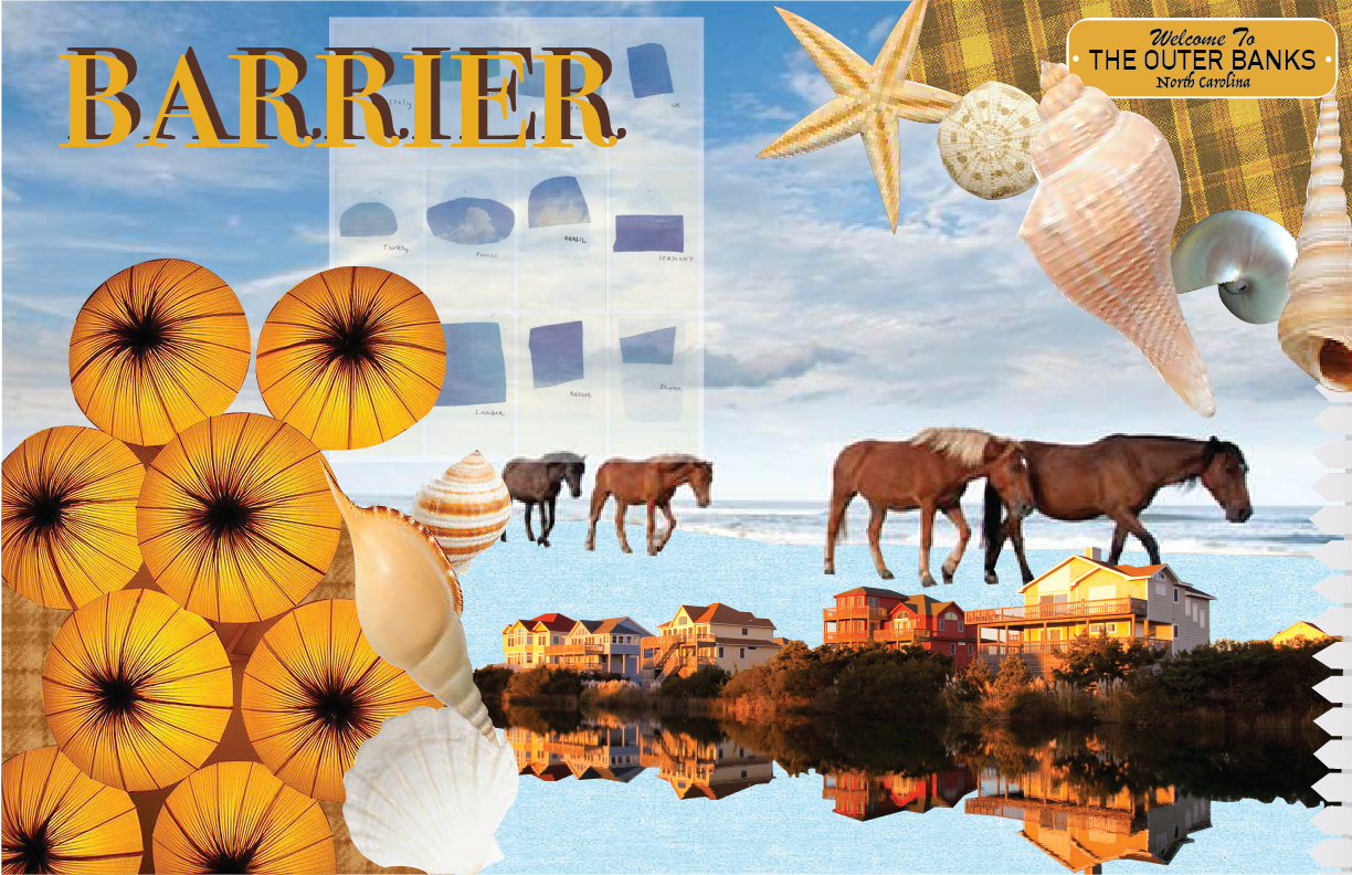 Scene of North Carolina's Outer Banks with houses by the water, three horses on the beach, and a background of a partly cloudy sky. Decorated with seashells, starfish, and a sign reading 'Welcome to the Outer Banks North Carolina.'