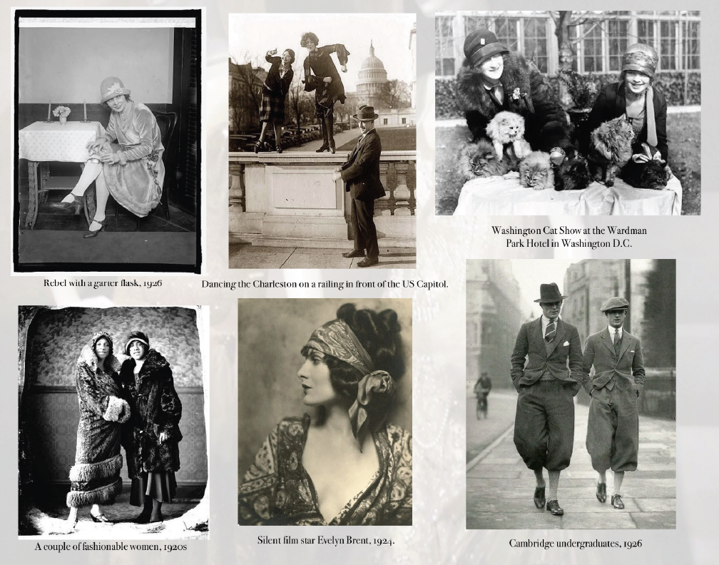 Six vintage black-and-white photographs showcasing women and men from the 1920s and 1920s to 1930s, including a woman with a gafter flask, women dancing on a Washington D.C. railing, a cat show at the Wardman Park Hotel, fashionable women in fur coat